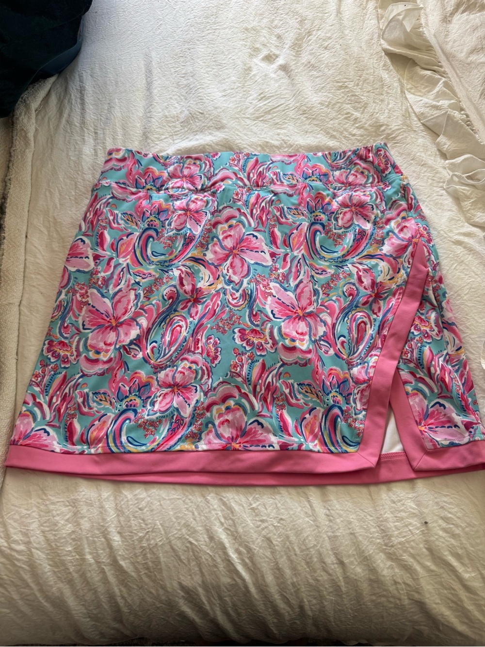 T.J.Maxx Aqua and Pink Floral Swim Skort with Pink Trim